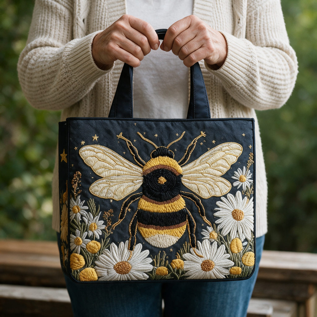 Bij met Madeliefjes en Sterren gewatteerde tote bag in de hand