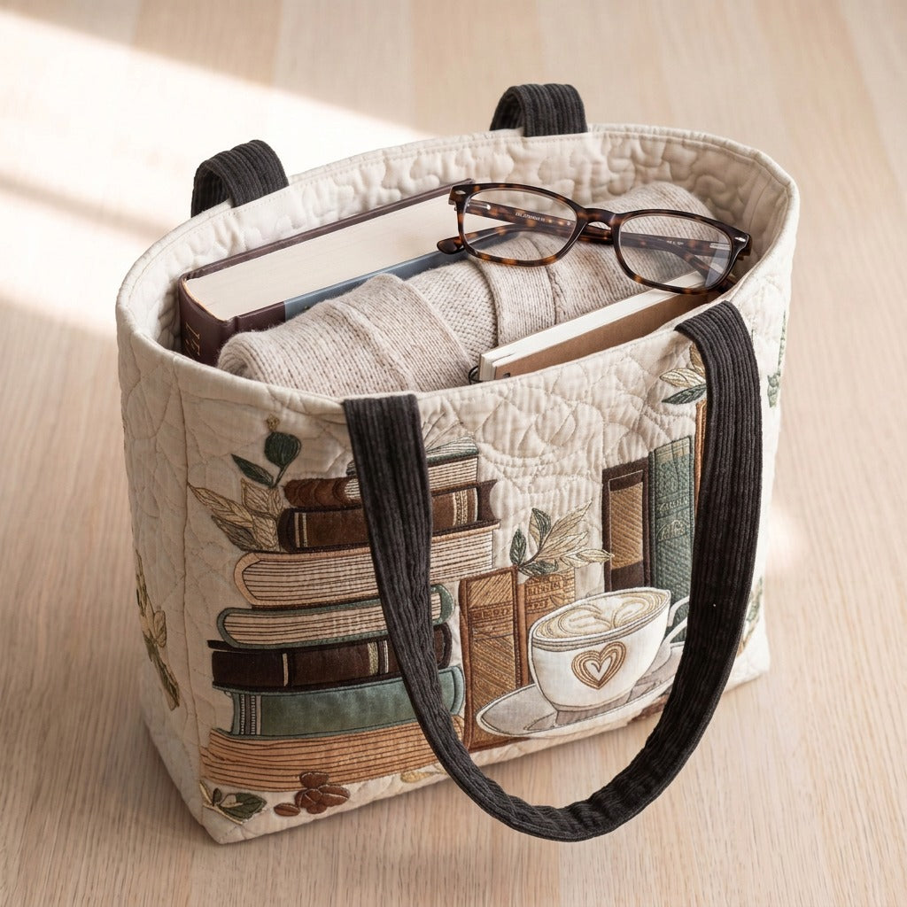 Koffieuur Artisanale Tas – draagtas gevuld met een boek, vest en bril