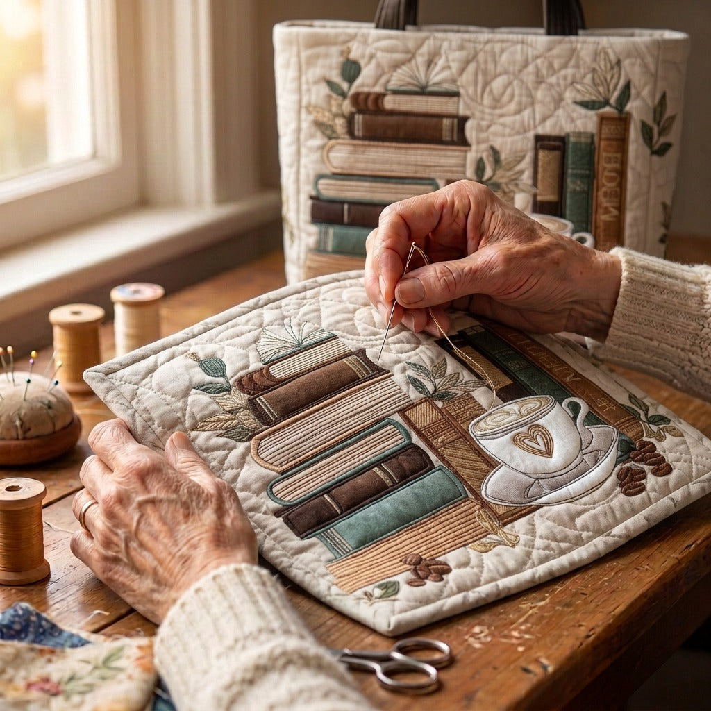 Koffieuur Artisanale Tas – wordt met de hand gequilt aan de ateliertafel