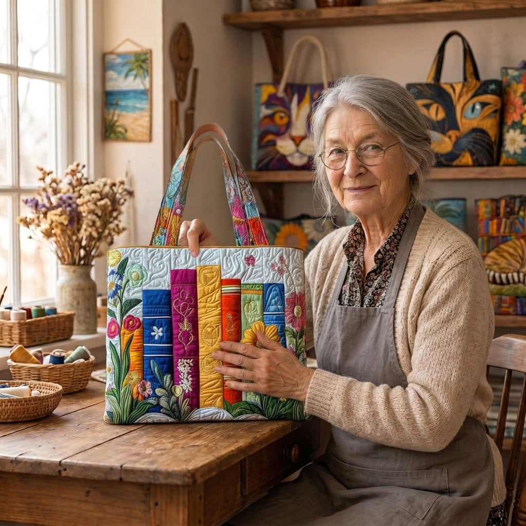 Lien met de Bloemige Bibliotheek Artisanale Tas in haar atelier