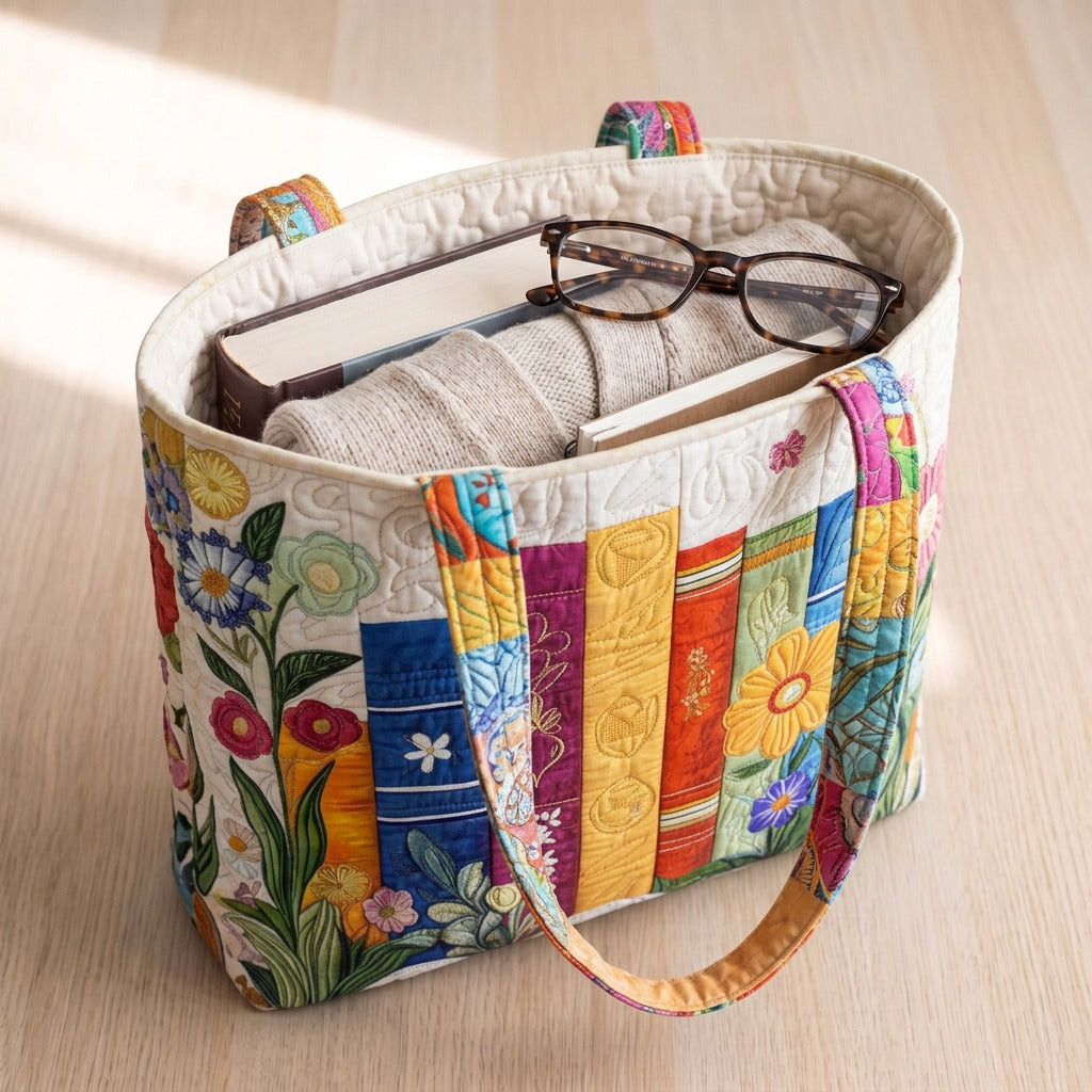 Bloemige Bibliotheek Artisanale Tas – draagtas gevuld met een boek, vest en bril