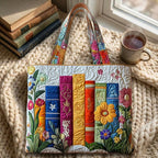 Bloemige Bibliotheek Artisanale Tas – draagtas op een gebreide deken met koffie bij het raam