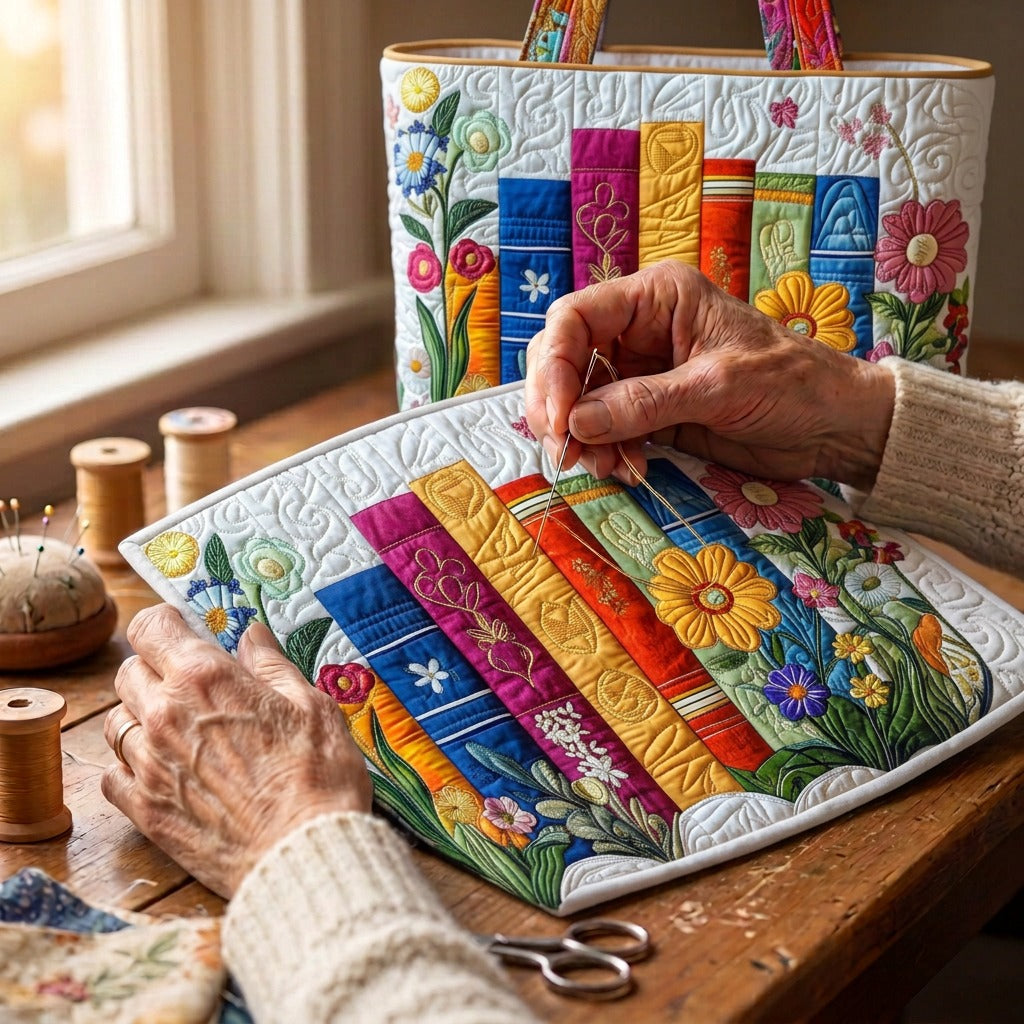 Bloemige Bibliotheek Artisanale Tas – wordt met de hand gequilt aan de ateliertafel