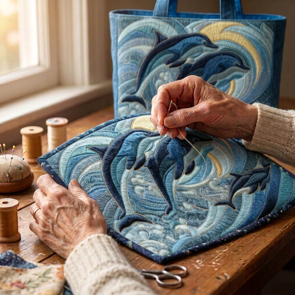 Zeedanser Artisanale Tas – wordt met de hand gequilt aan de ateliertafel