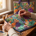 Vetplantentuin Artisanale Draagtas – wordt met de hand gequilt aan de ateliertafel