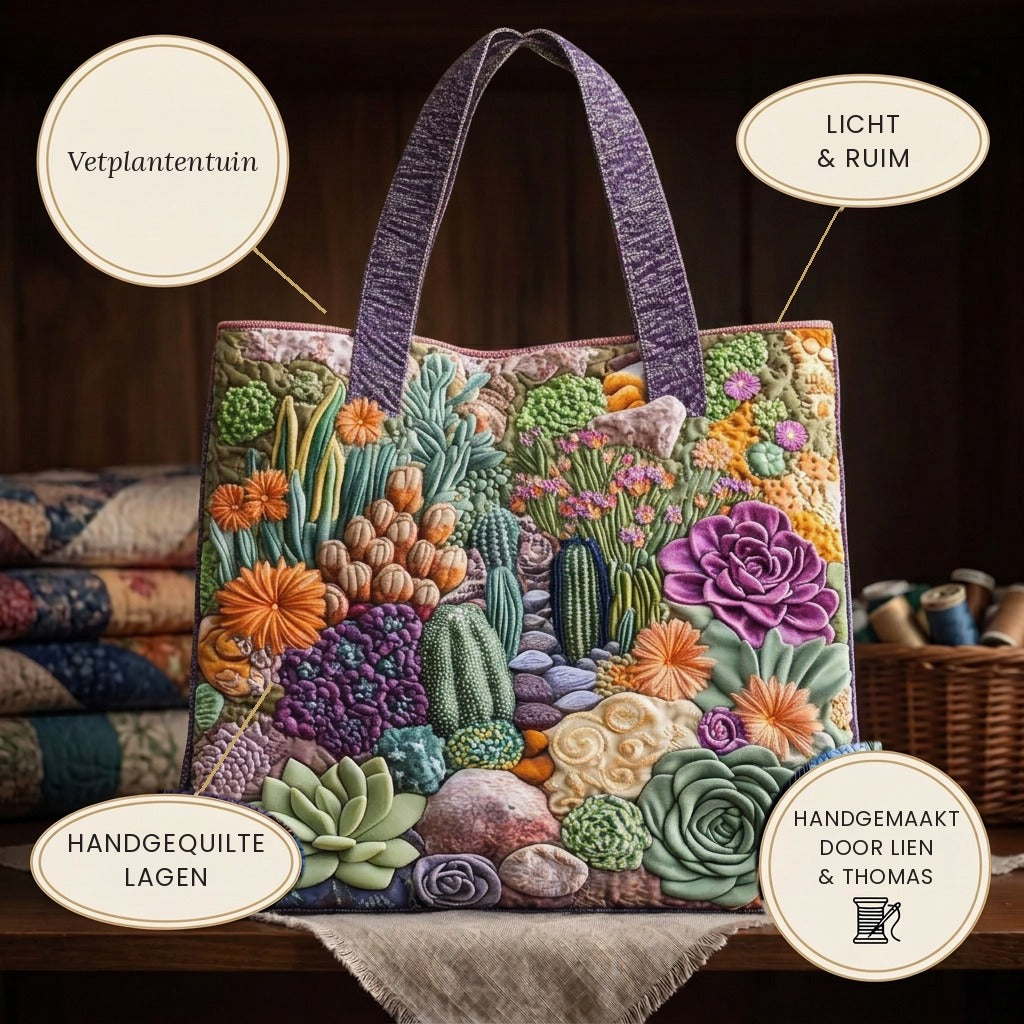 Vetplantentuin Artisanale Draagtas – details: licht en ruim, gewatteerde lagen
