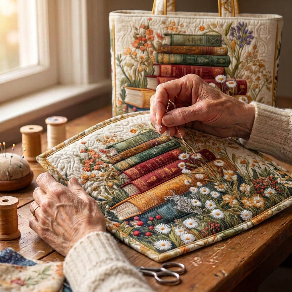 Bloemen Perkament Gewatteerde Draagtas – wordt met de hand gequilt aan de ateliertafel