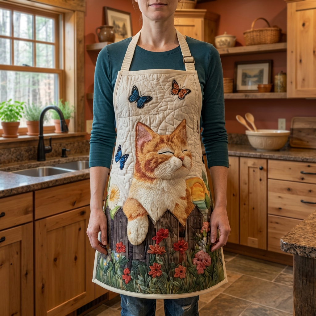 Tablier de cuisine matelassé Jardin du Chat Ensoleillé porté dans la cuisine
