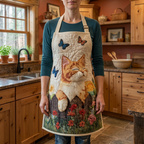 Gewatteerd keukenschort Zonnige Poezentuin gedragen in de keuken