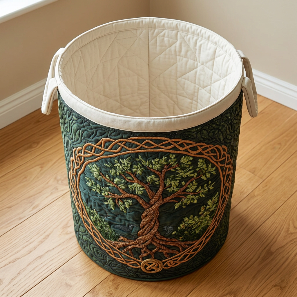 Panier à linge matelassé Arbre sacré, vide, avec sa doublure matelassée crème