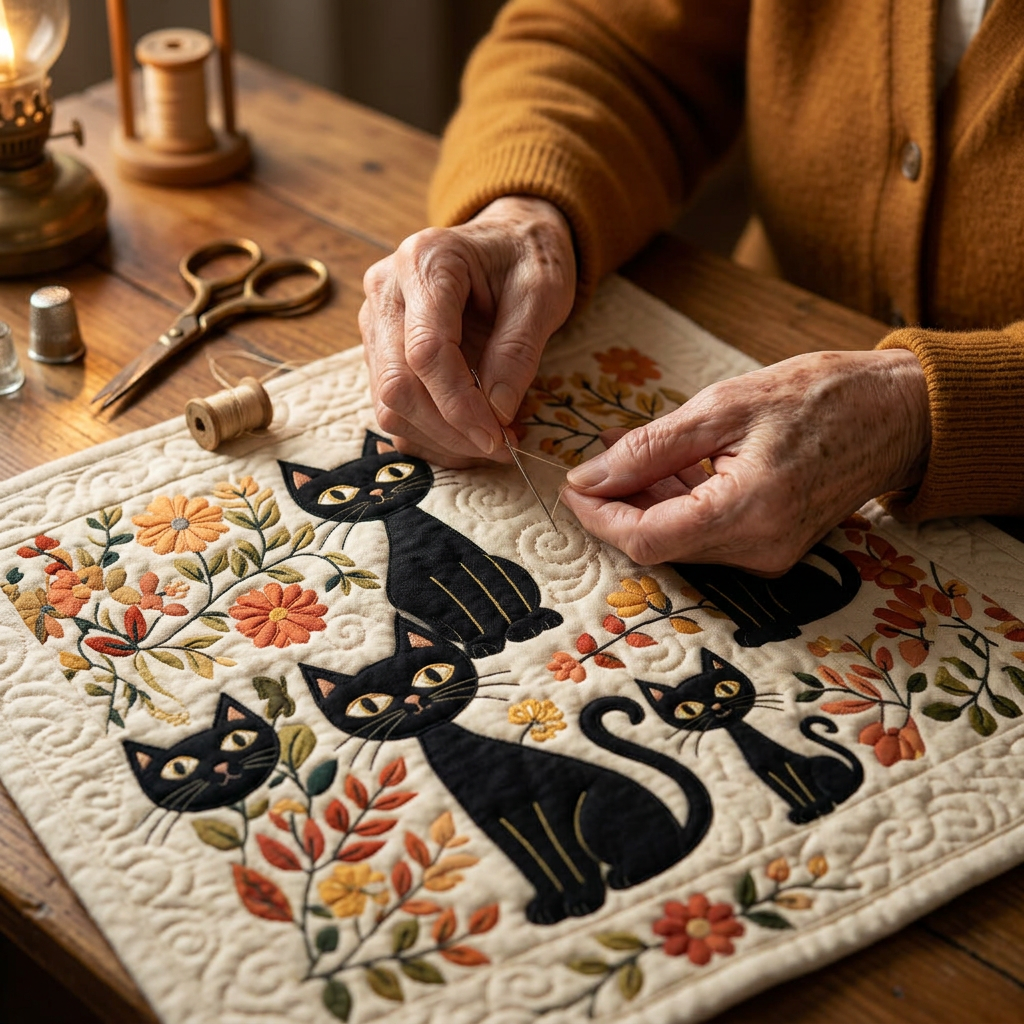 Close-up van handen die het motief Katten tussen de bloemen quilten