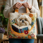 Shih Tzu met Boeken en Bloemen gewatteerde tote bag in de hand