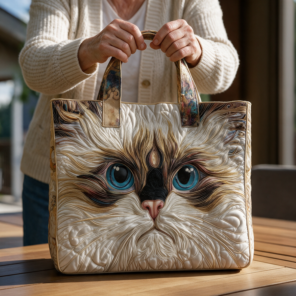 Witte Kat met Blauwe Ogen gewatteerde tote bag in de hand