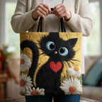 Zwarte Kat met Madeliefjes gewatteerde tote bag in de hand
