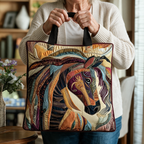 Veelkleurig Mozaïekpaard gewatteerde tote bag in de hand