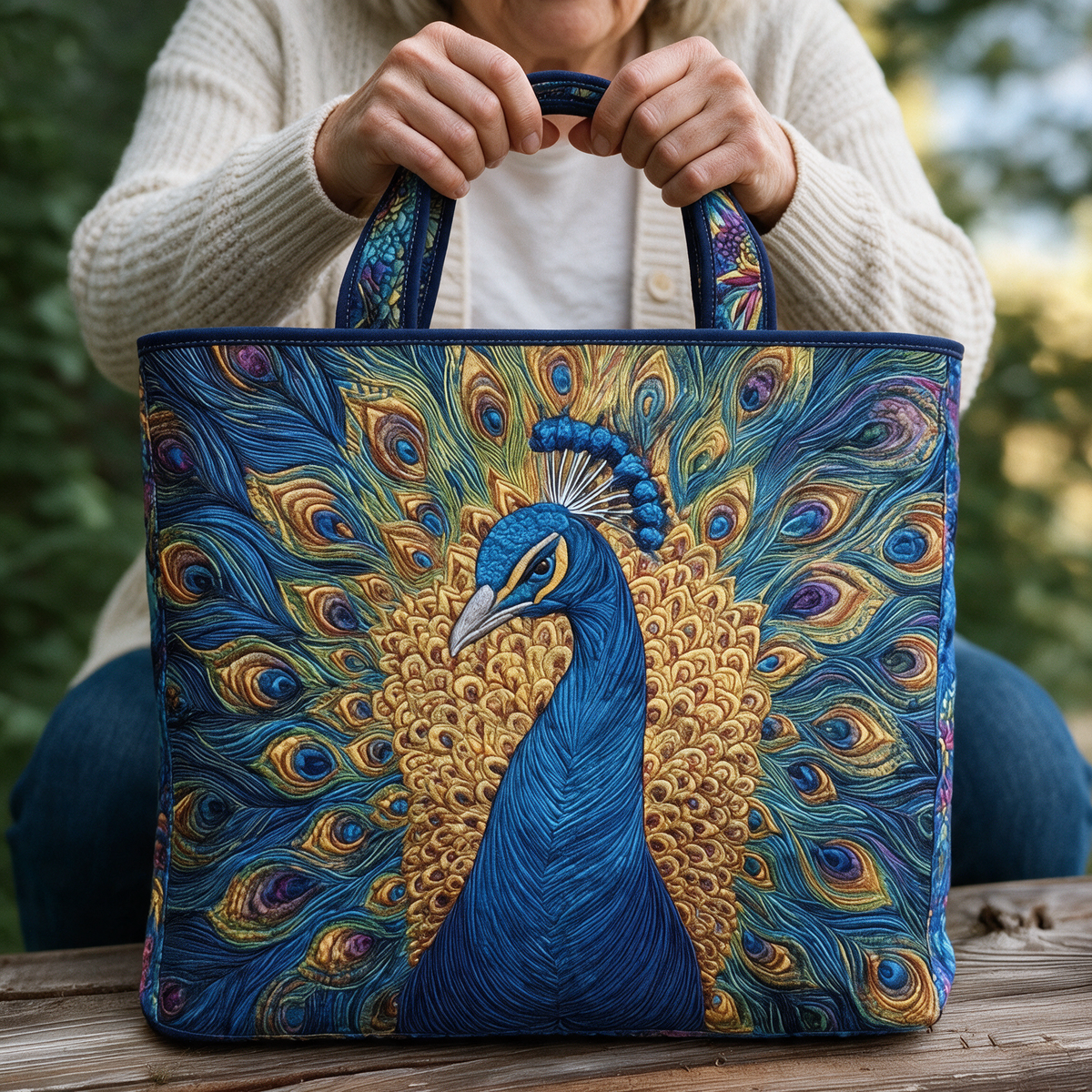 Sac cabas matelassé Paon porté à la main