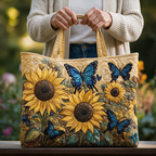 Zonnebloemen en Blauwe Vlinders gewatteerde tote bag in de hand
