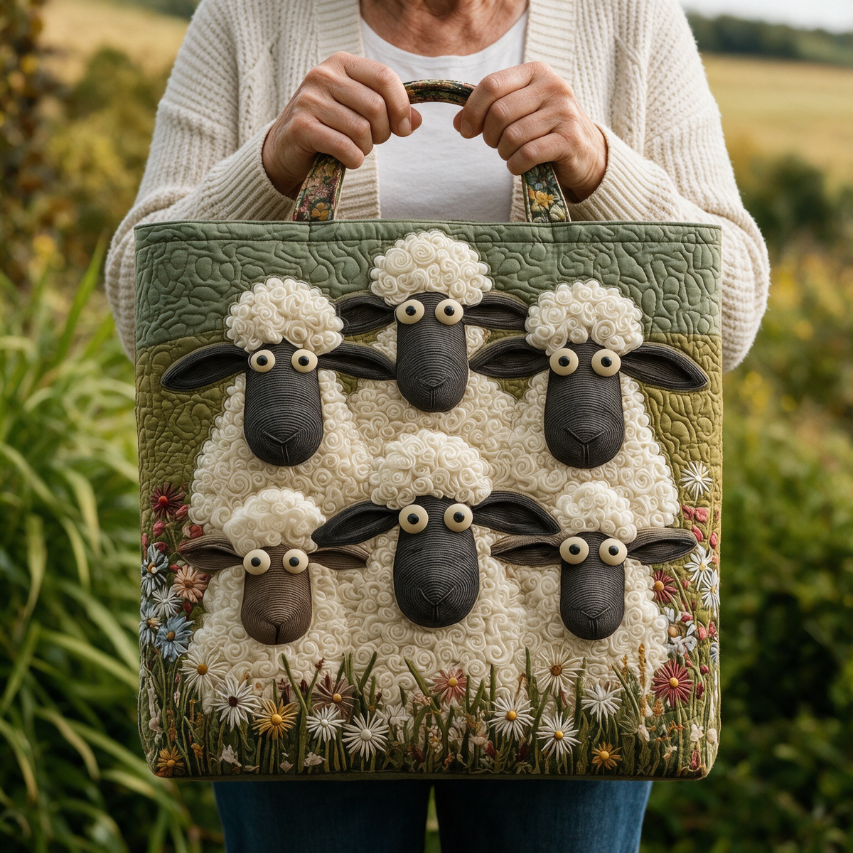 Vijf Schapen gewatteerde tote bag in de hand