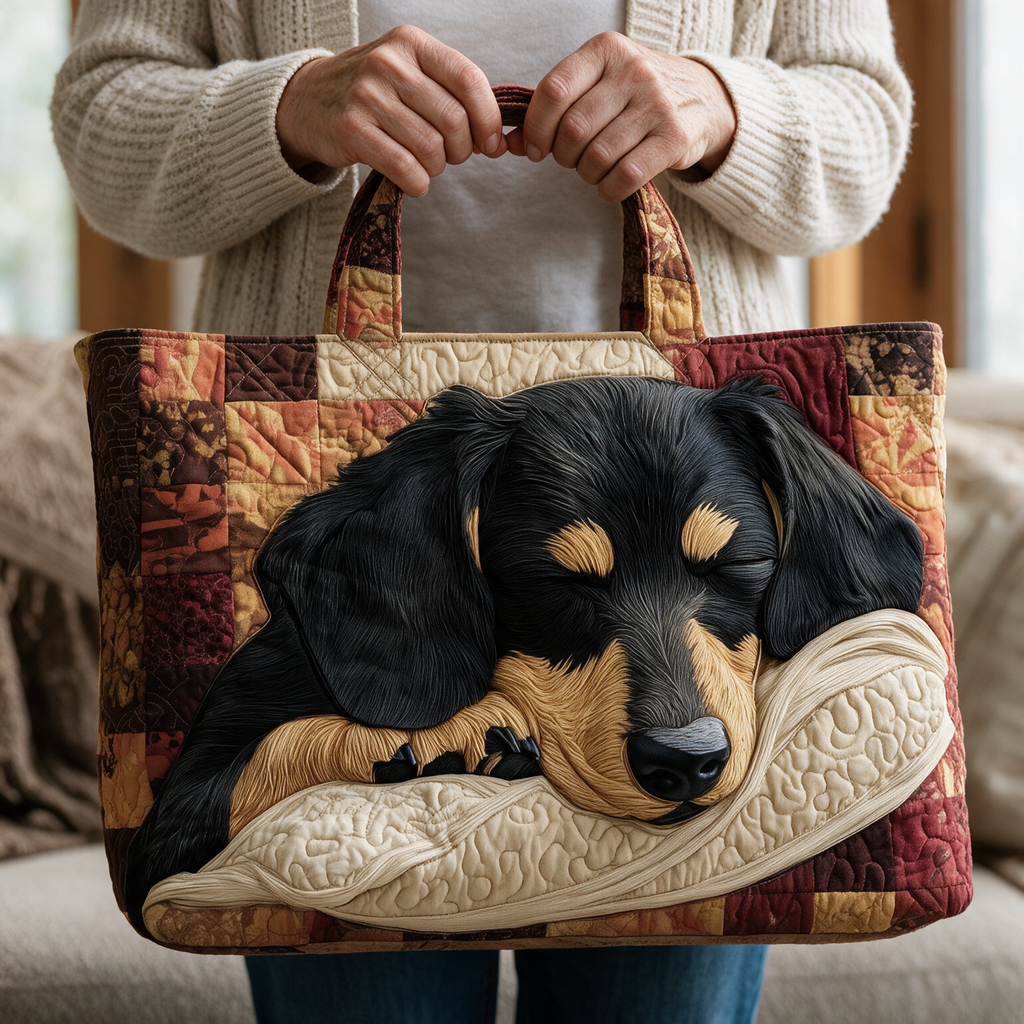 Teckel gewatteerde tote bag in de hand