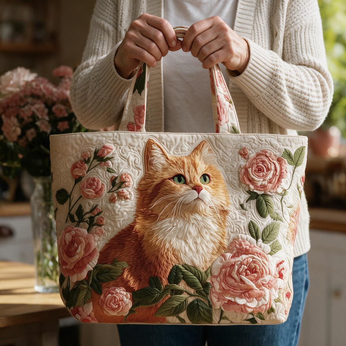 Rode Kat met Rozen gewatteerde tote bag in de hand