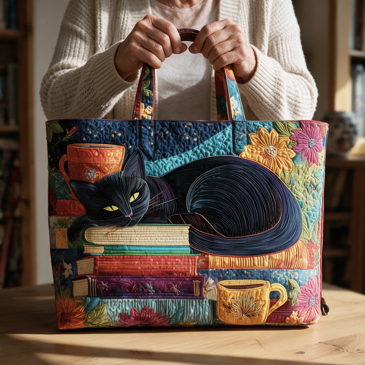 Zwarte Kat met Boeken en Mokken gewatteerde tote bag in de hand