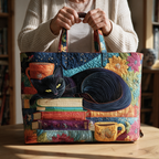 Zwarte Kat met Boeken en Mokken gewatteerde tote bag in de hand