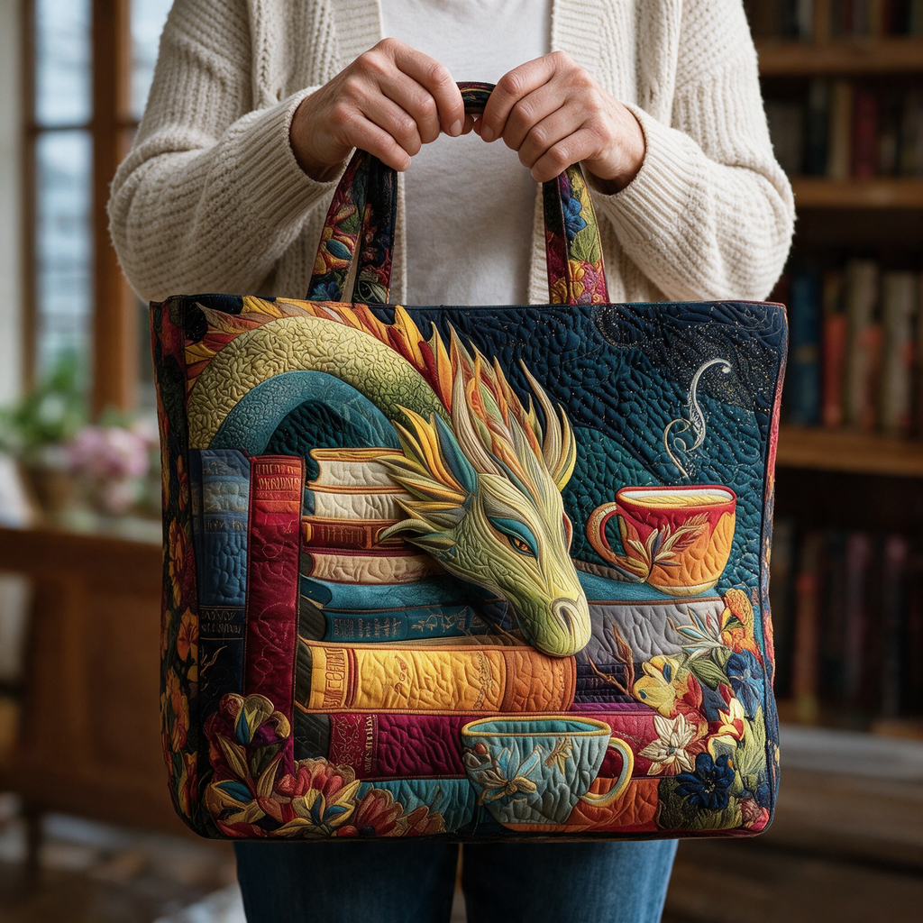 Sac cabas matelassé Dragon Lecteur avec Livres et Tasses porté à la main