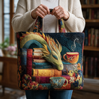 Sac cabas matelassé Dragon Lecteur avec Livres et Tasses porté à la main