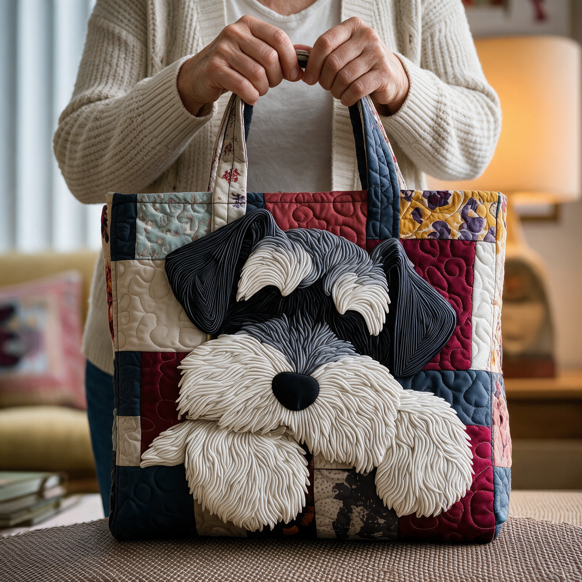 Sac cabas matelassé Schnauzer porté à la main