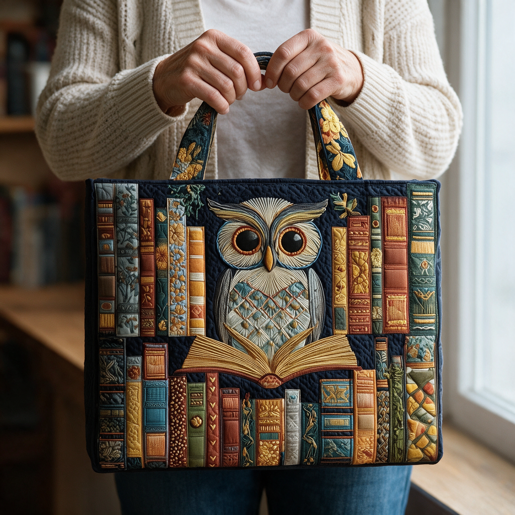 Uil en Antieke Boeken gewatteerde tote bag in de hand