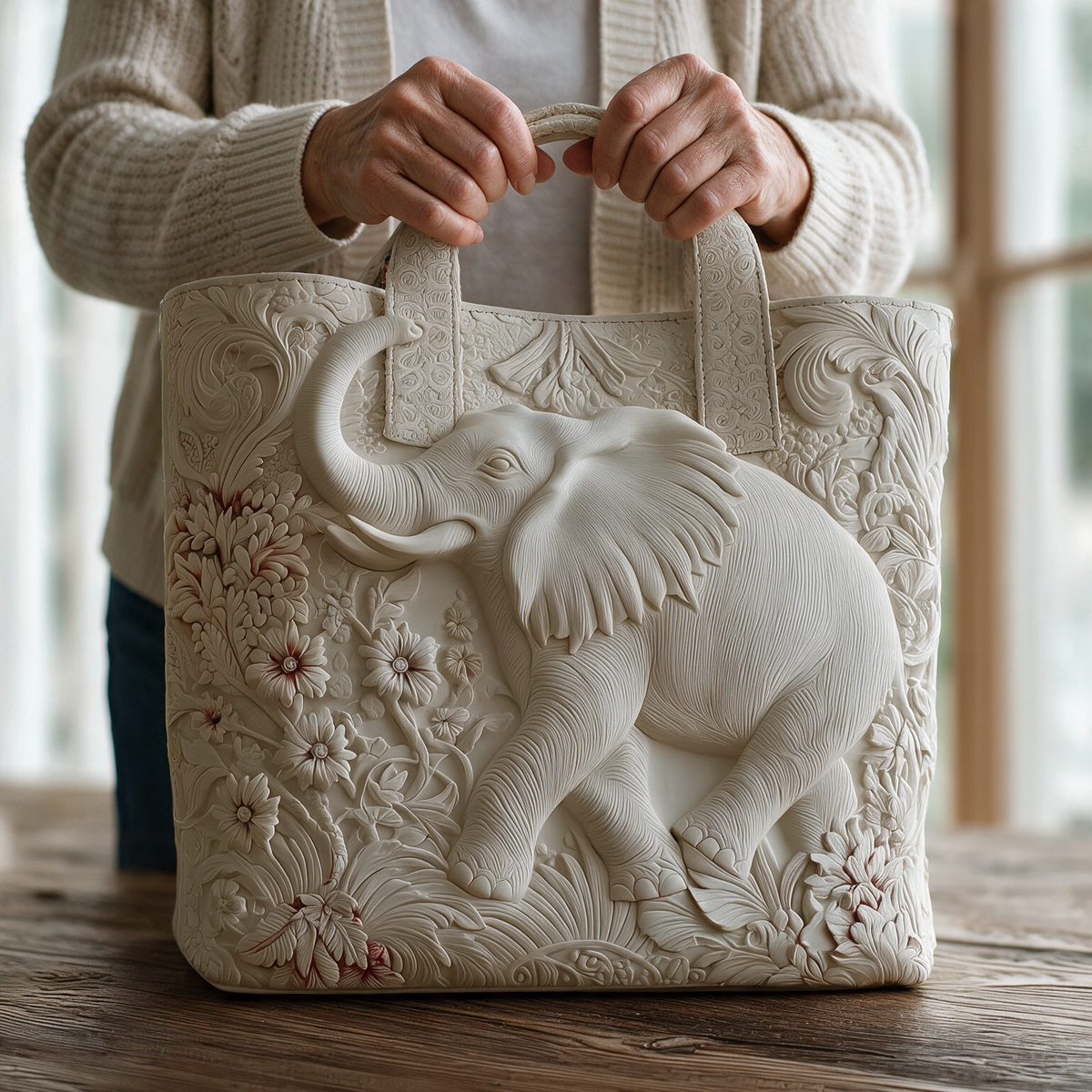 Olifant gewatteerde tote bag in de hand