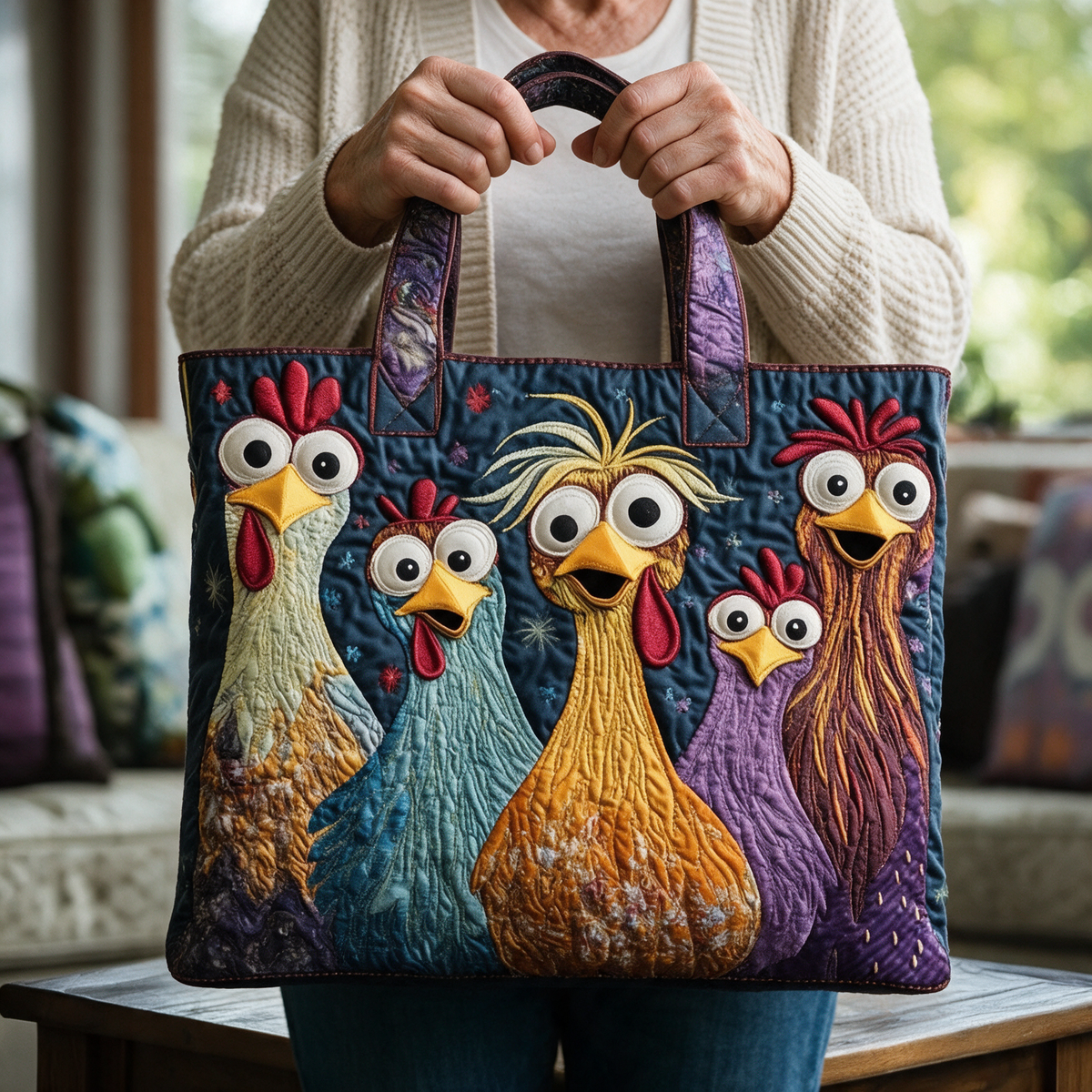 Sac cabas matelassé Cinq Poules Colorées porté à la main