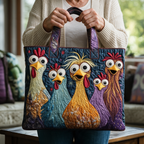 Vijf Kleurrijke Kippen gewatteerde tote bag in de hand