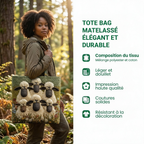 Aperçu des caractéristiques du tote bag matelassé : composition du tissu, légèreté, impression haute qualité, coutures solides, résistant à la décoloration