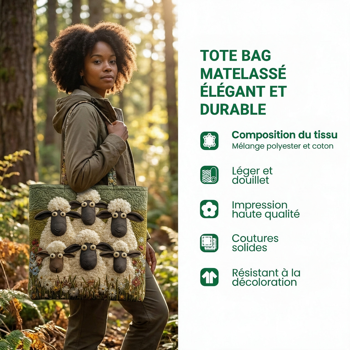 Aperçu des caractéristiques du tote bag matelassé : composition du tissu, légèreté, impression haute qualité, coutures solides, résistant à la décoloration