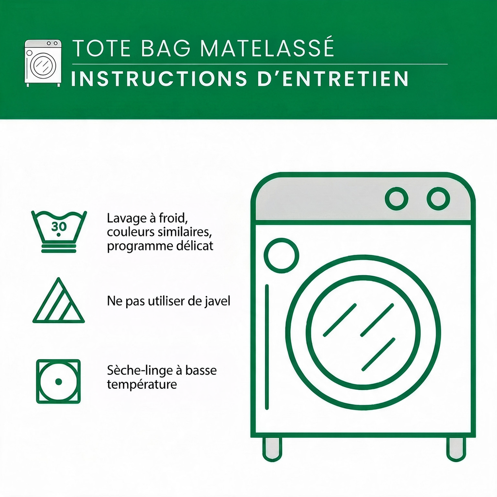 Instructions d'entretien du tote bag matelassé, lavable en machine