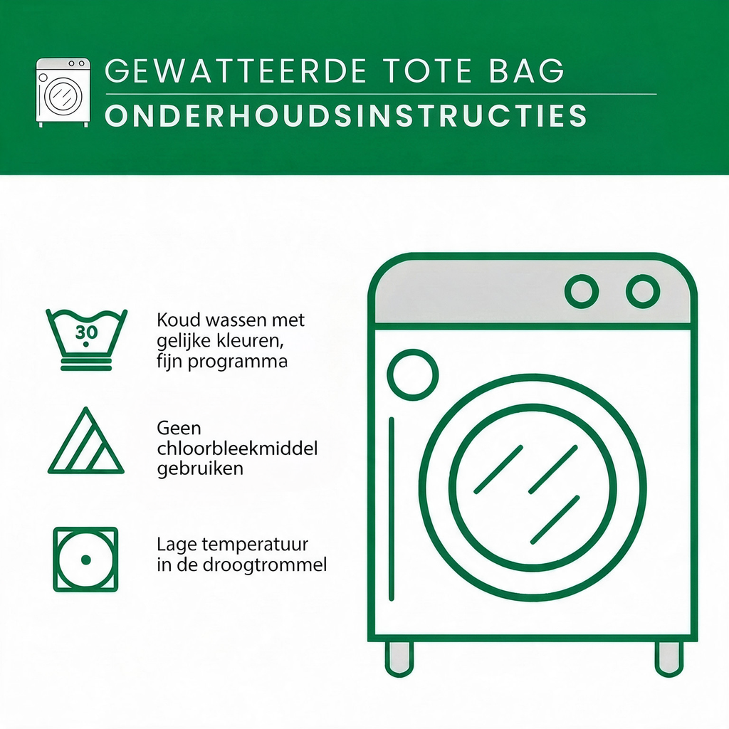 Onderhoudsinstructies voor de gewatteerde tote bag, wasbaar in de machine