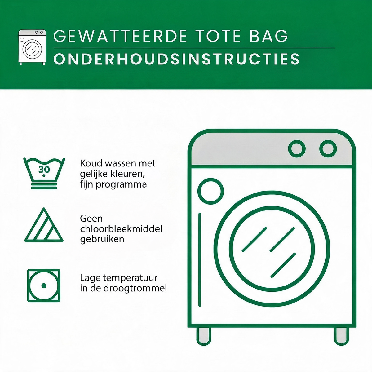 Onderhoudsinstructies voor de gewatteerde tote bag, wasbaar in de machine
