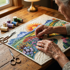 Close-up van handen die het motief Gouden horizon quilten