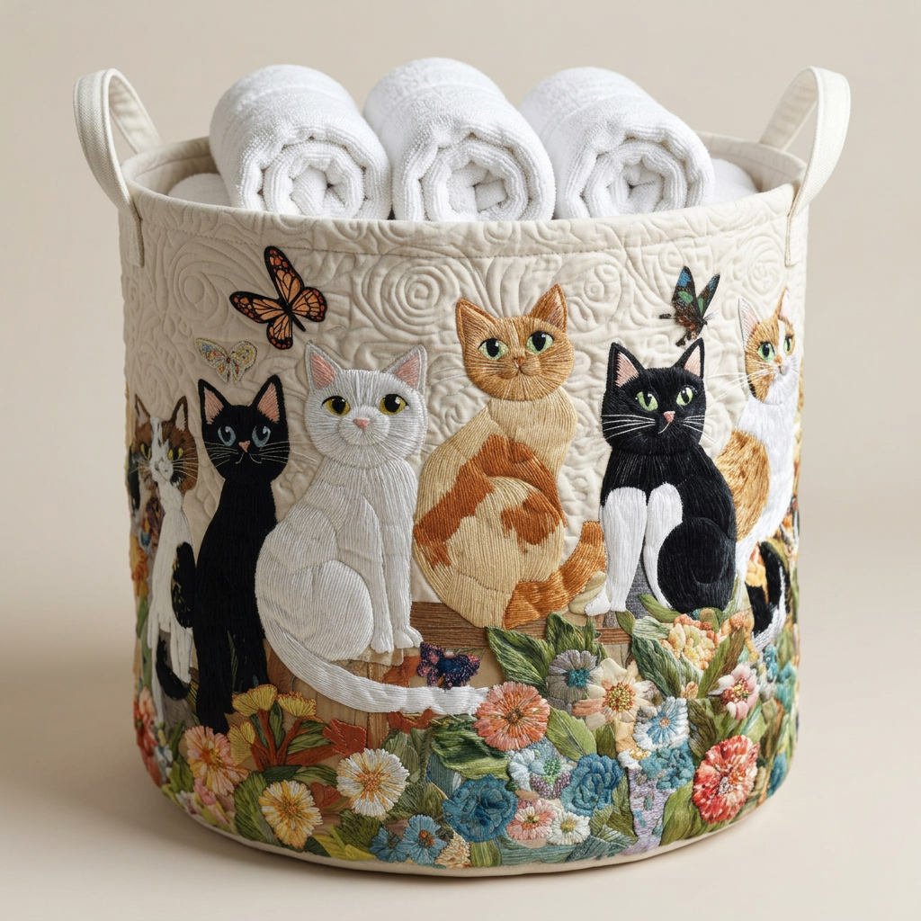 Panier à linge matelassé Chats du jardin rempli de serviettes blanches roulées