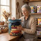 Lien avec le panier à linge matelassé Charme douillet dans son atelier de couture