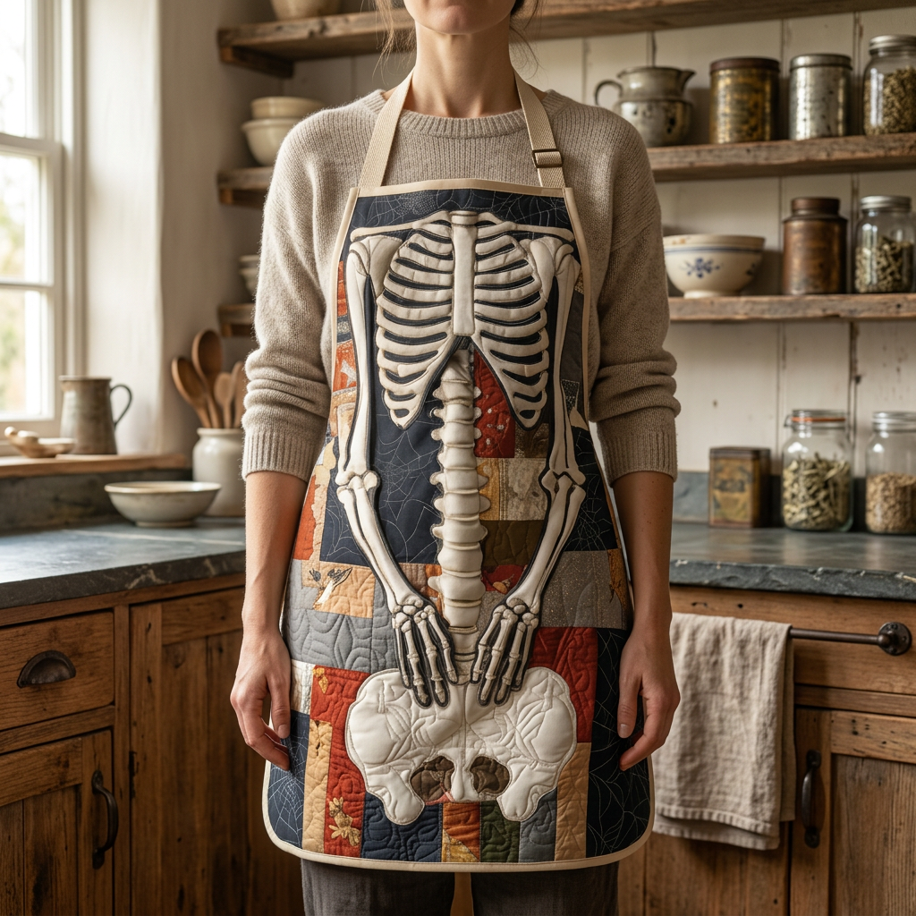 Gewatteerd keukenschort Grimmige Oogst gedragen in de keuken