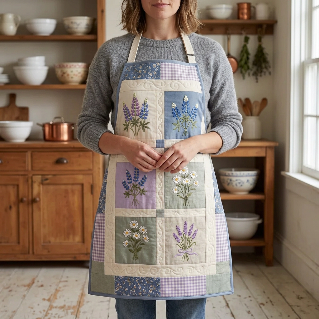 Gewatteerd keukenschort Tuinboeket gedragen in de keuken