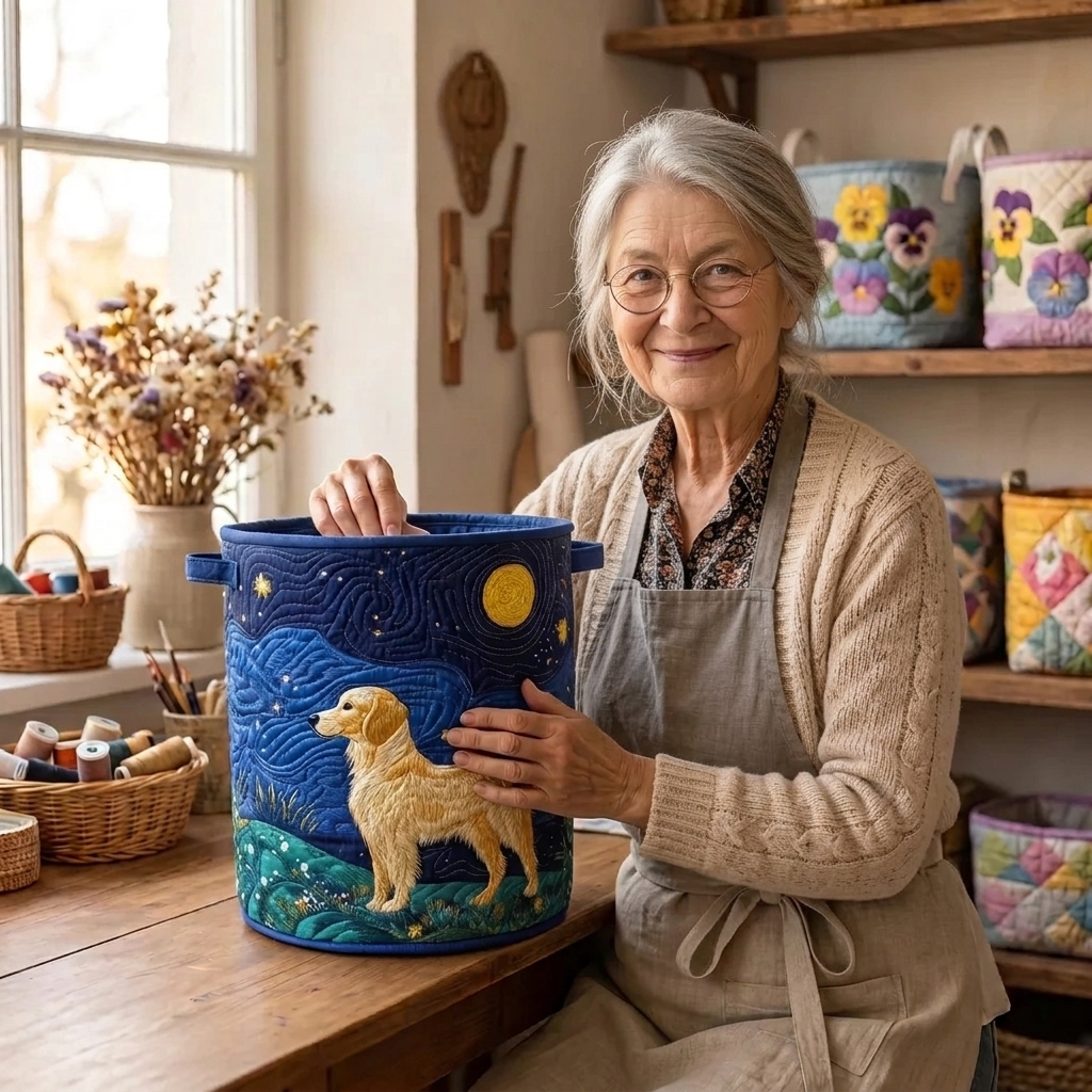 Lien met de gewatteerde wasmand Gouden hond in haar naaiatelier