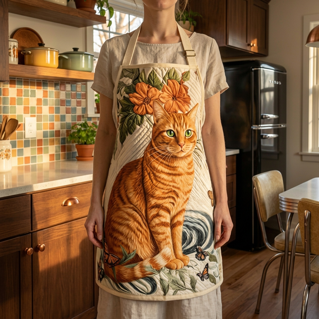 Gewatteerd keukenschort Schemerkat gedragen in de keuken