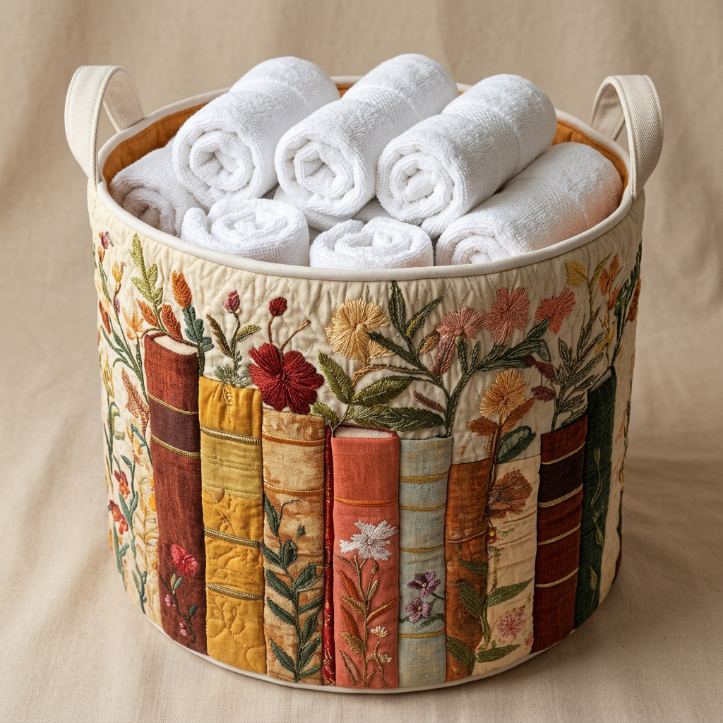 Gewatteerde wasmand Boekentuin gevuld met opgerolde witte handdoeken