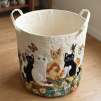Panier à linge matelassé Chats du jardin, vide, avec sa doublure matelassée crème