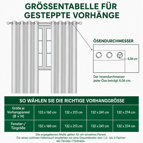 Gewatteerde gordijnen – maattabel