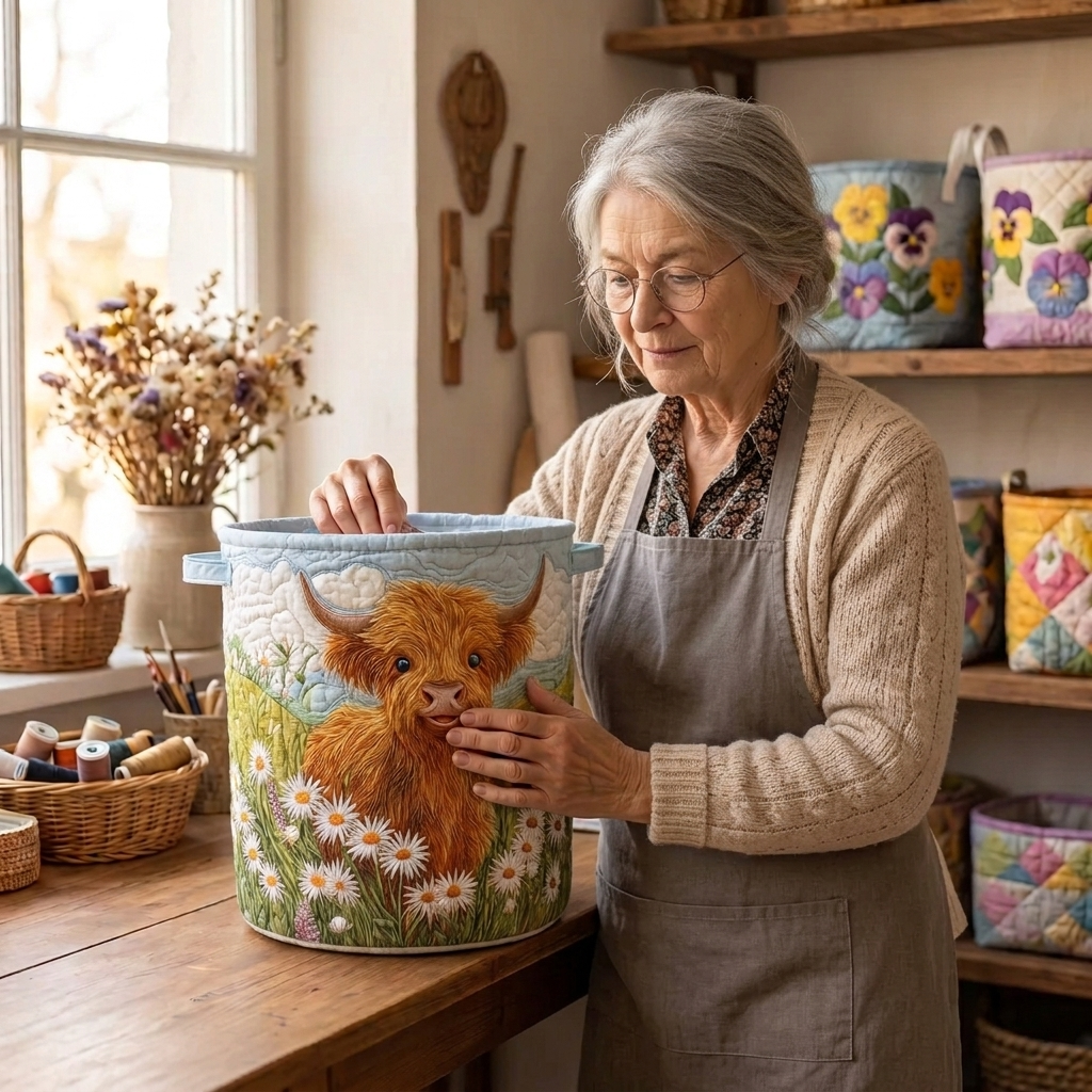 Lien avec le panier à linge matelassé Coucher de soleil sur les Highlands dans son atelier de couture