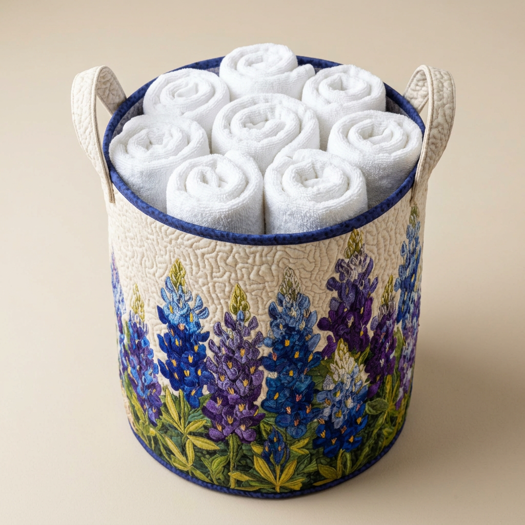 Panier à linge matelassé Rêve de lupins bleus rempli de serviettes blanches roulées